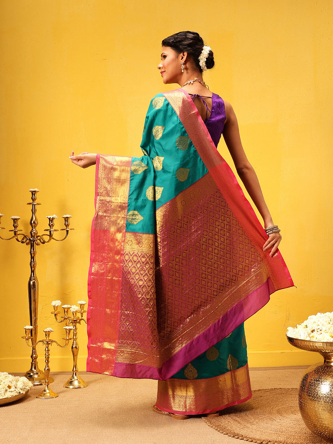 Hiral Fashion Teal Kanjeevaram Silk Woven Design Saree | Swadesiicart