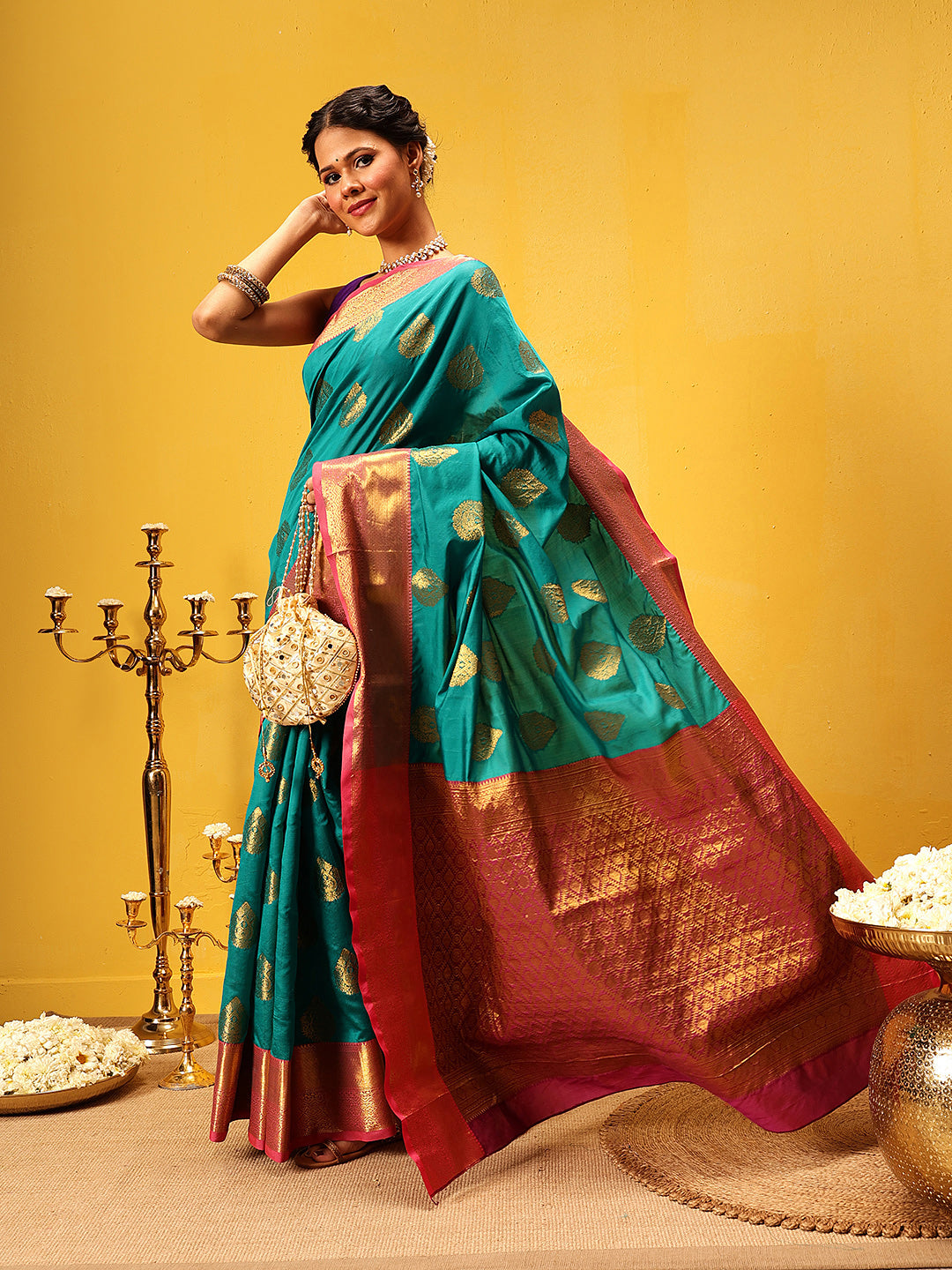 Hiral Fashion Teal Kanjeevaram Silk Woven Design Saree | Swadesiicart