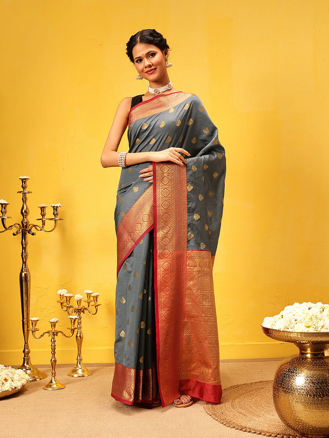 Hiral Fashion Grey Kanjeevaram Silk Woven Design Saree | Swadesiicart