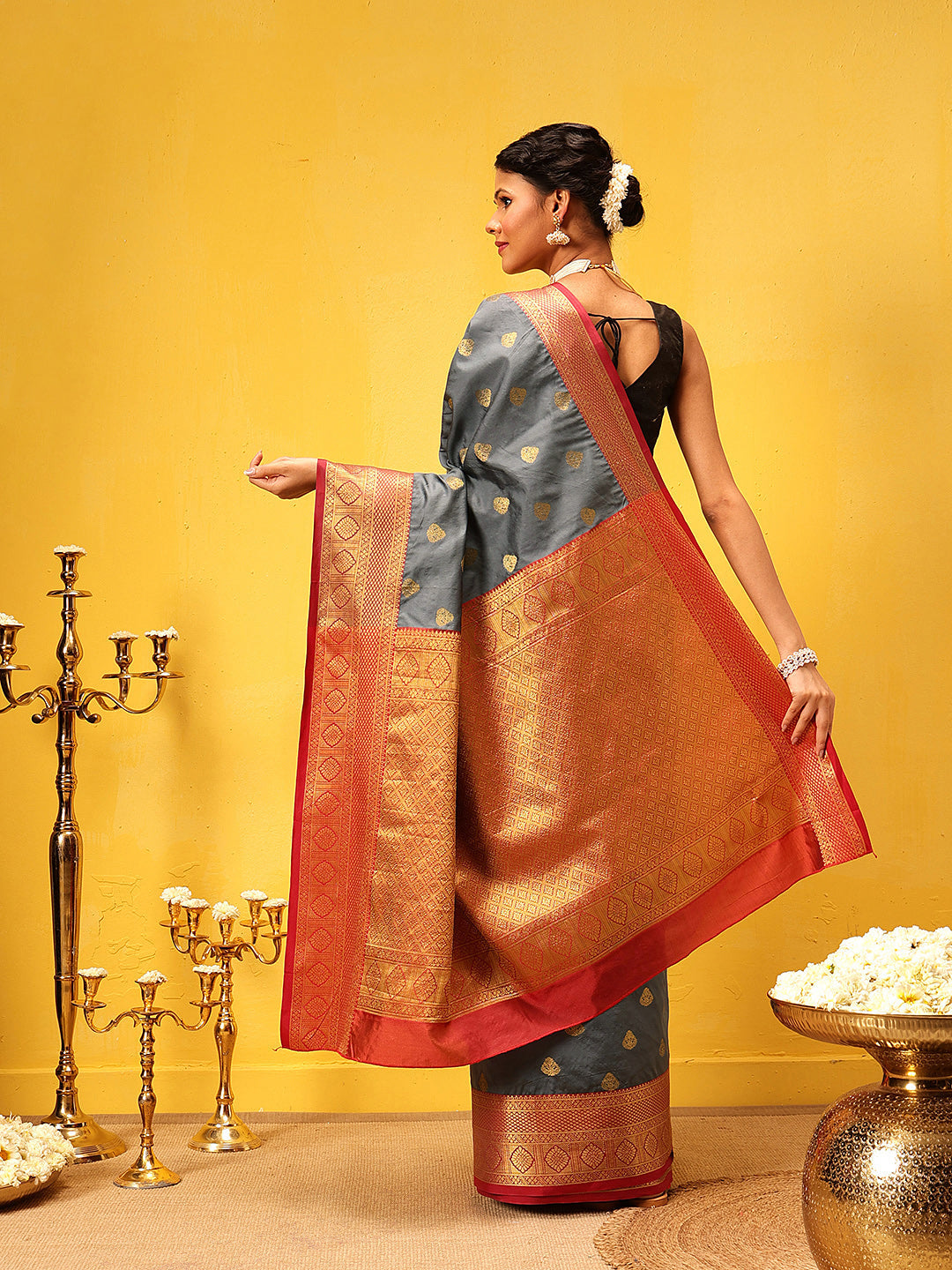 Hiral Fashion Grey Kanjeevaram Silk Woven Design Saree | Swadesiicart