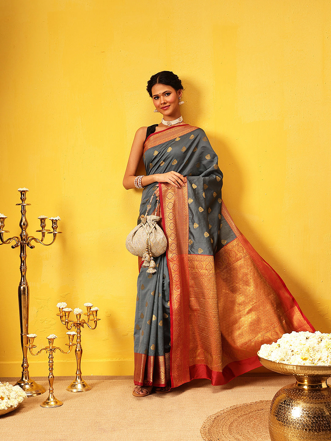 Hiral Fashion Grey Kanjeevaram Silk Woven Design Saree | Swadesiicart