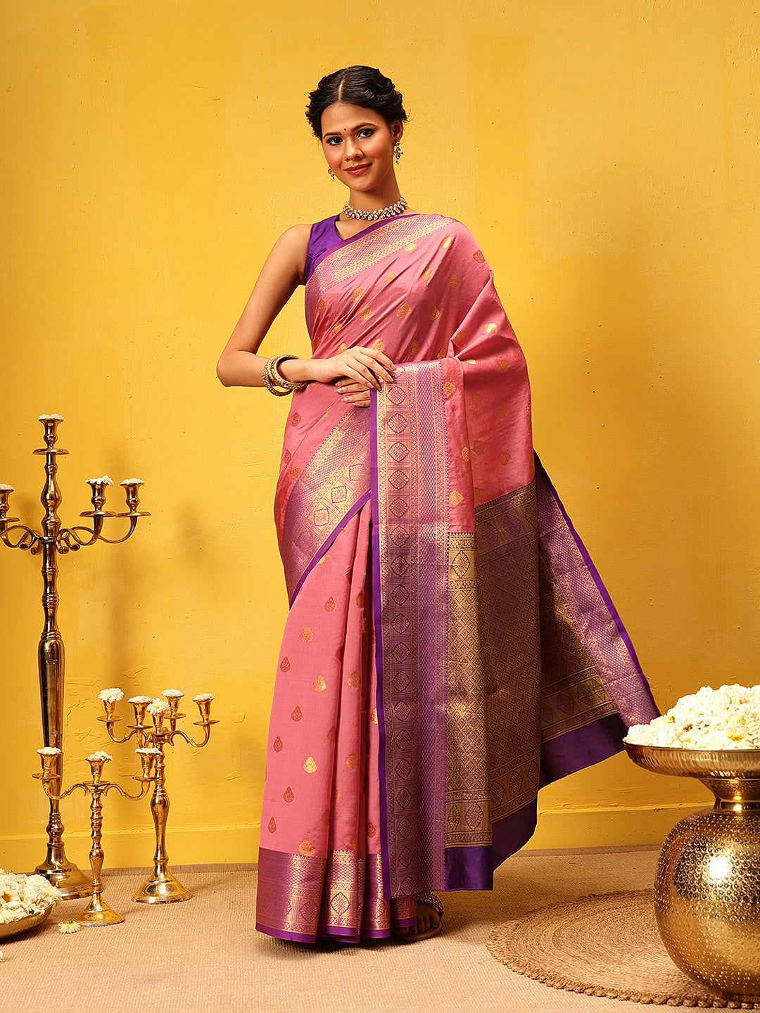 Hiral Fashion Pink Kanjeevaram Silk Woven Design Saree | Swadesiicart
