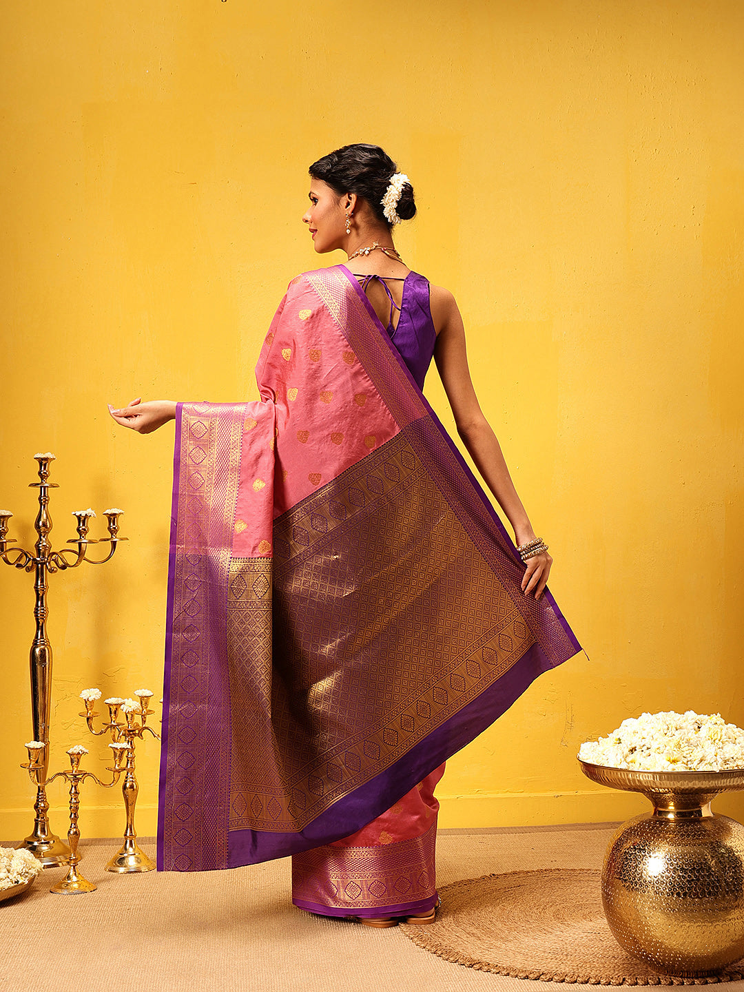 Hiral Fashion Pink Kanjeevaram Silk Woven Design Saree | Swadesiicart