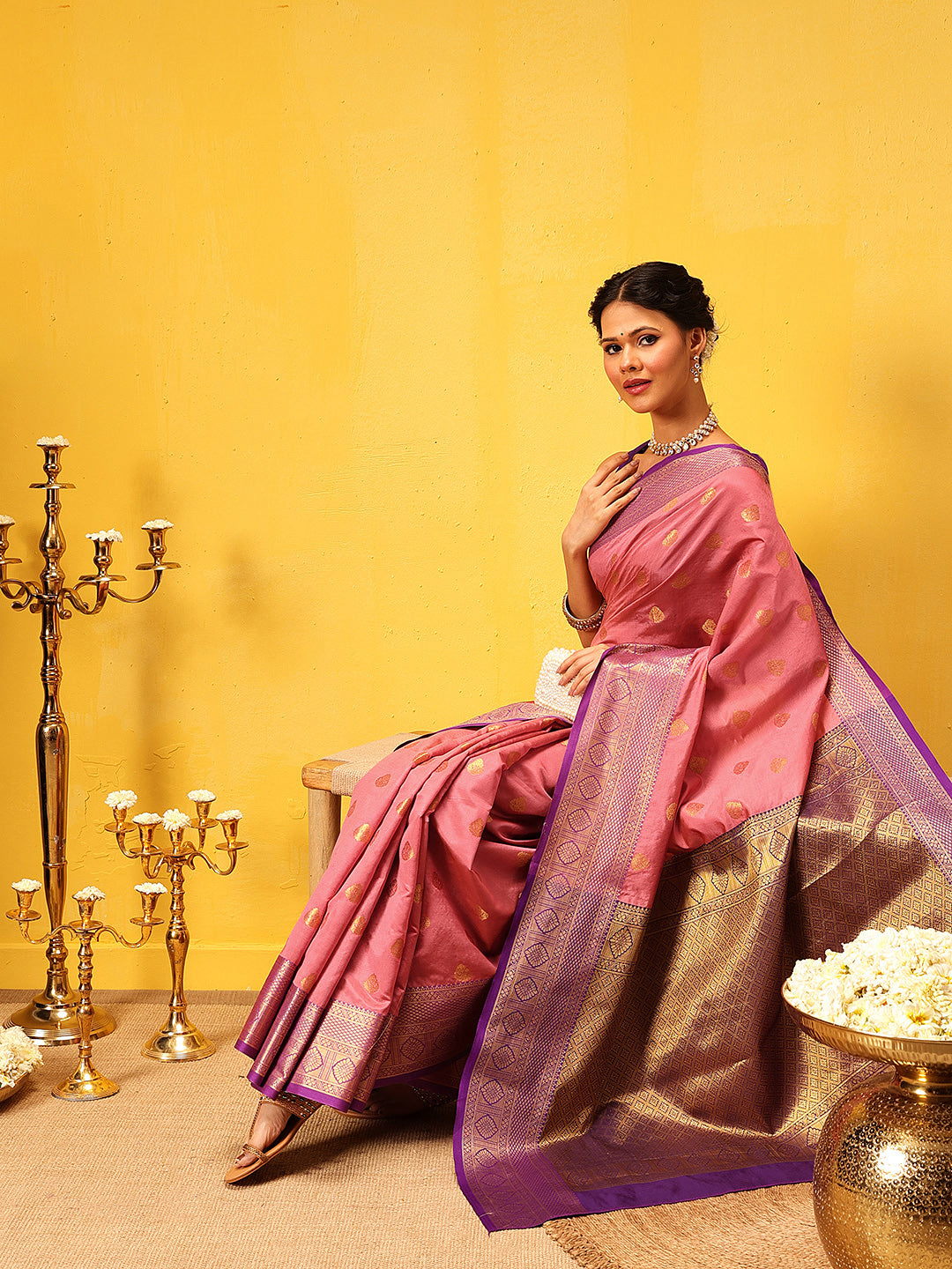 Hiral Fashion Pink Kanjeevaram Silk Woven Design Saree | Swadesiicart