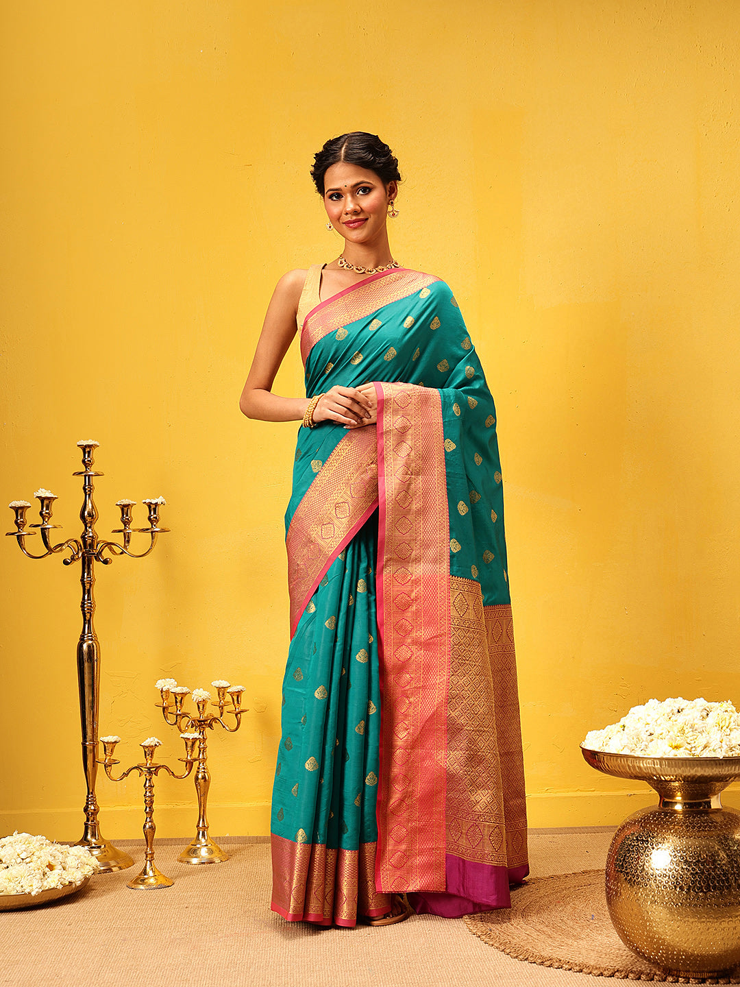 Hiral Fashion Teal Kanjeevaram Silk Woven Design Saree | Swadesiicart