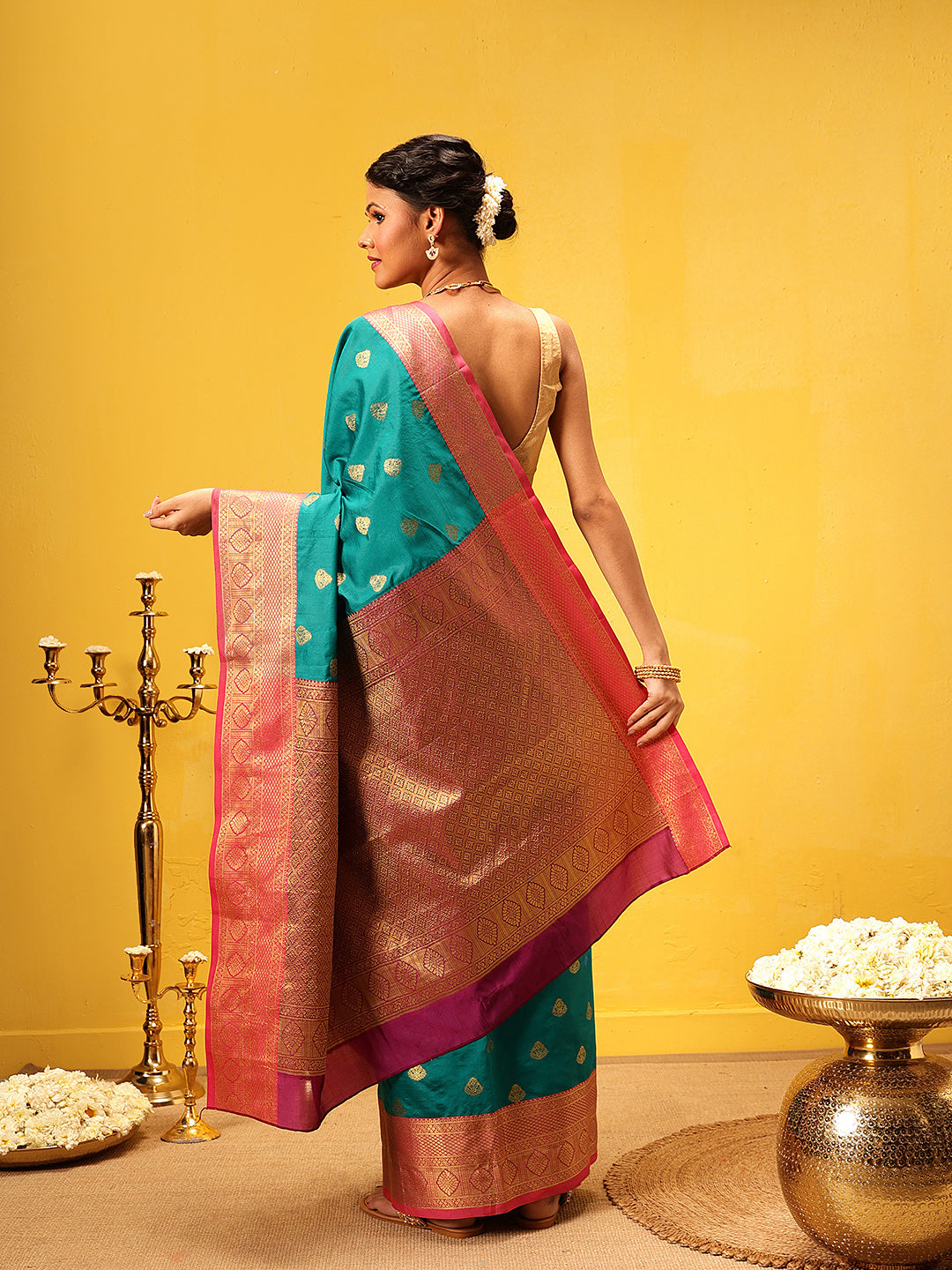 Hiral Fashion Teal Kanjeevaram Silk Woven Design Saree | Swadesiicart