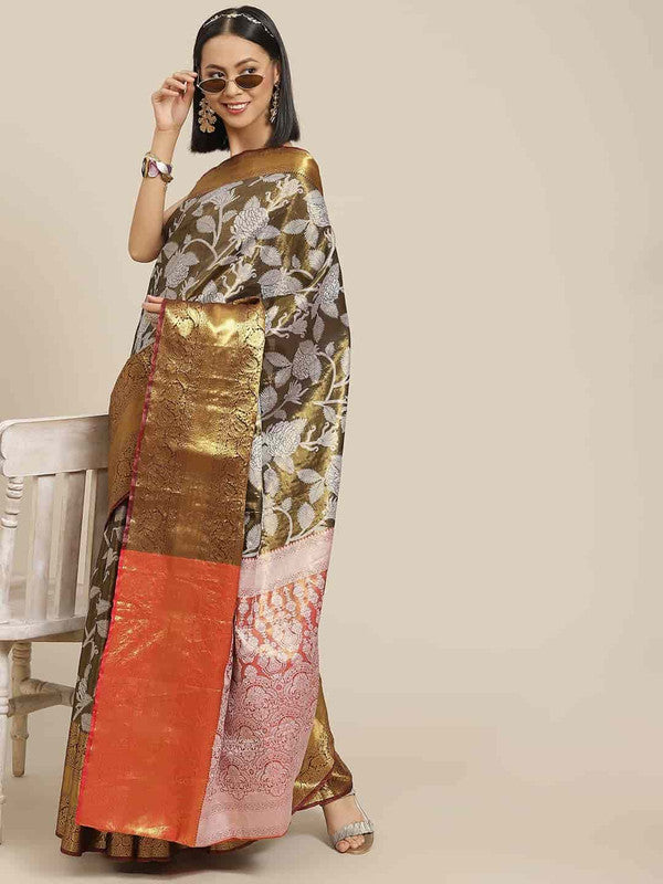Black Pure Silk Embellished Floral Saree with Unstitched Blouse - Hiral Fashion | Swadesiicart
