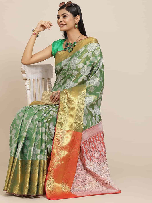 Hiral Fashion Green Banarasi Tissue Silk Floral Zari Woven Saree | Swadesiicart