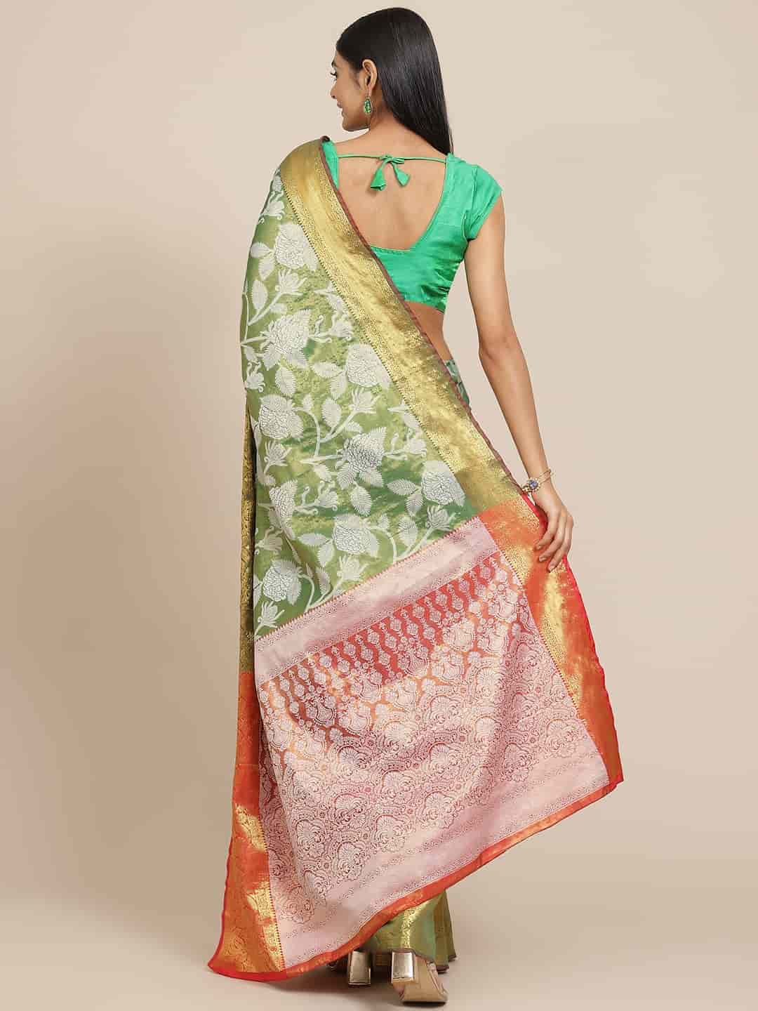 Hiral Fashion Green Banarasi Tissue Silk Floral Zari Woven Saree | Swadesiicart