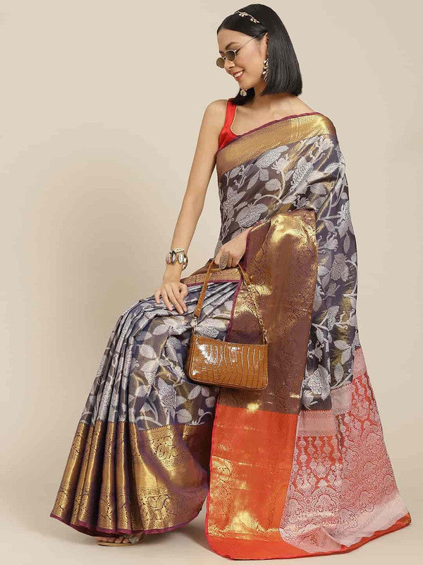 Navy Blue Pure Silk Embellished Floral Saree with Unstitched Blouse - Hiral Fashion | Swadesiicart