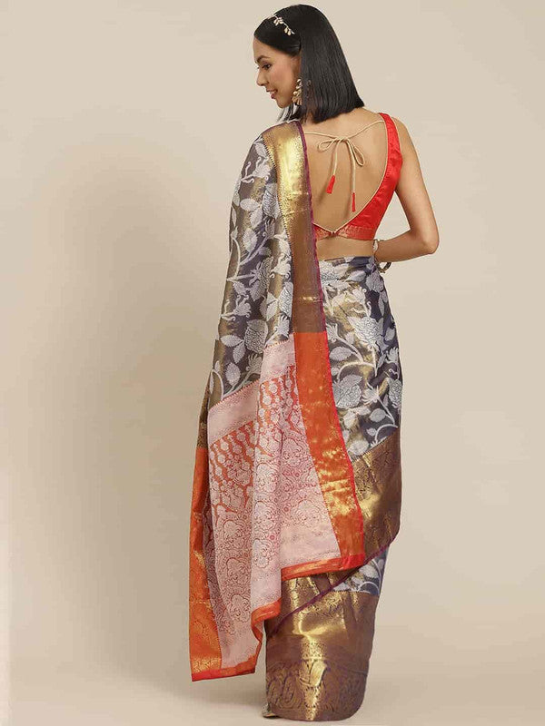 Navy Blue Pure Silk Embellished Floral Saree with Unstitched Blouse - Hiral Fashion | Swadesiicart