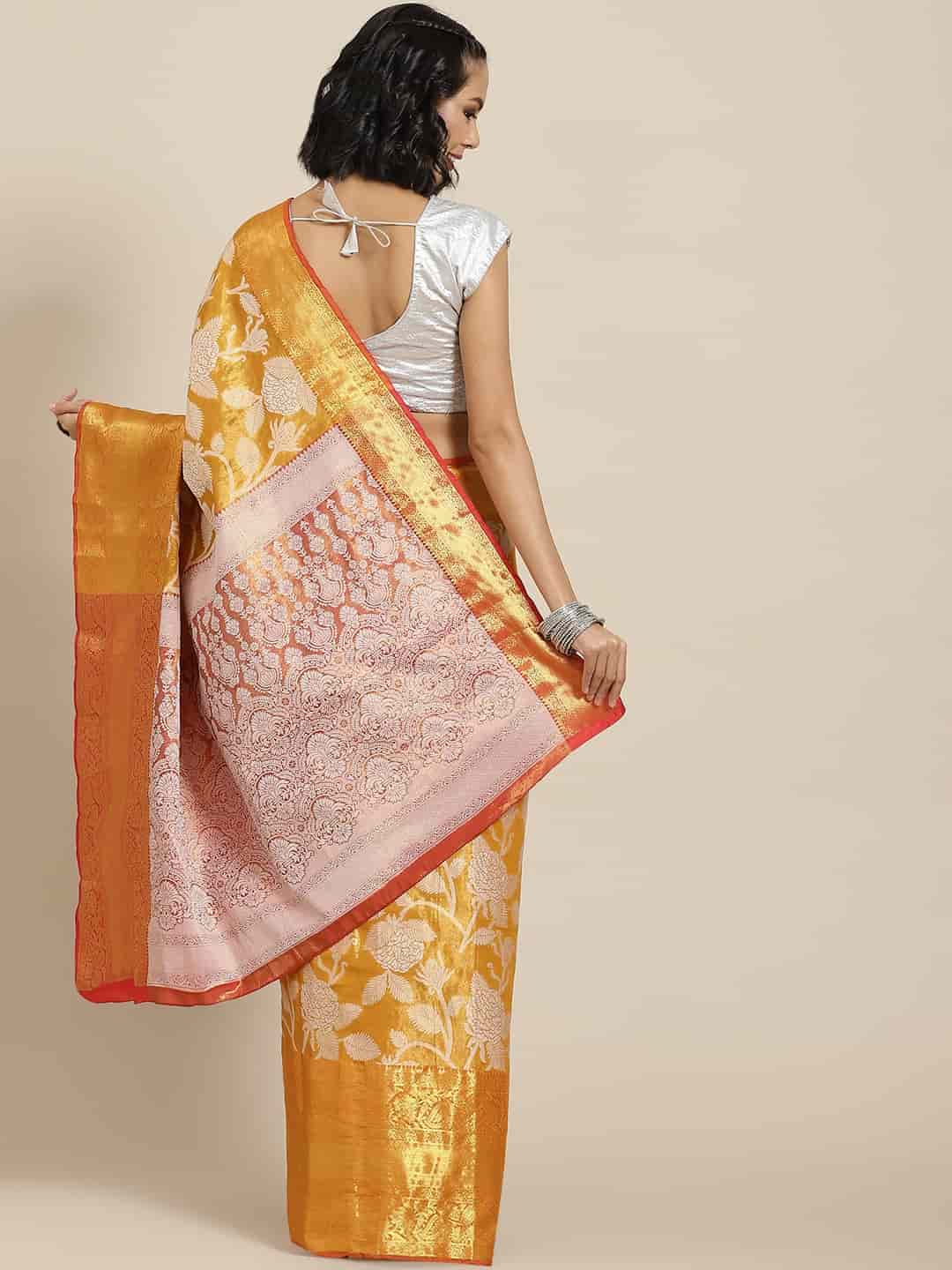 Hiral Fashion Orange Banarasi Tissue Silk Floral Zari Woven Saree | Swadesiicart