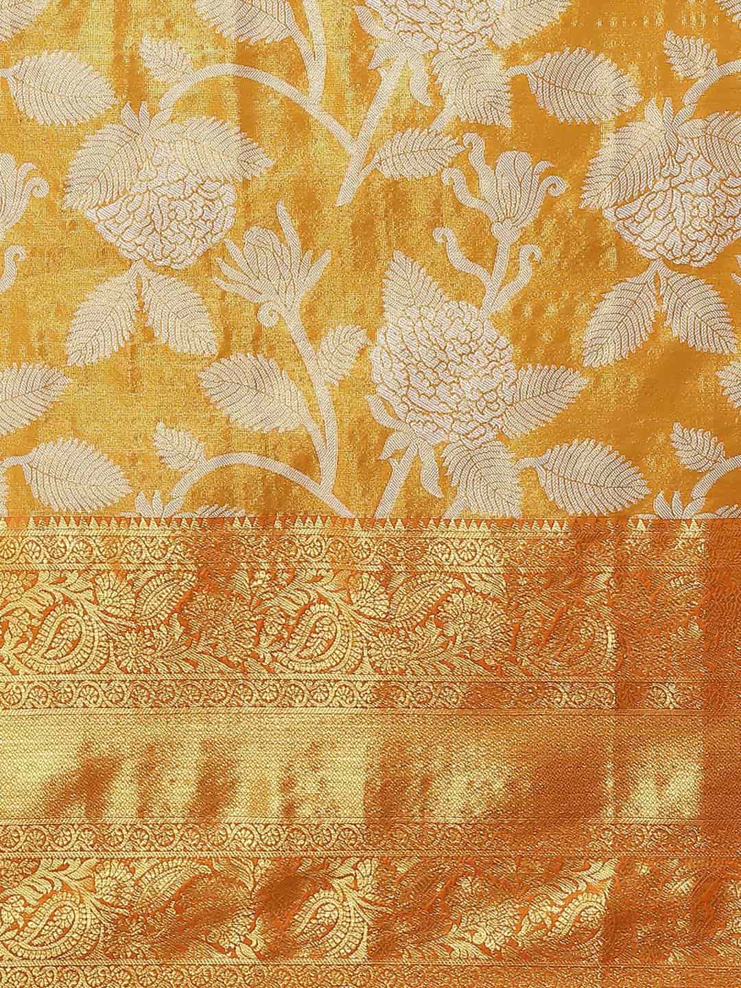 Hiral Fashion Orange Banarasi Tissue Silk Floral Zari Woven Saree | Swadesiicart