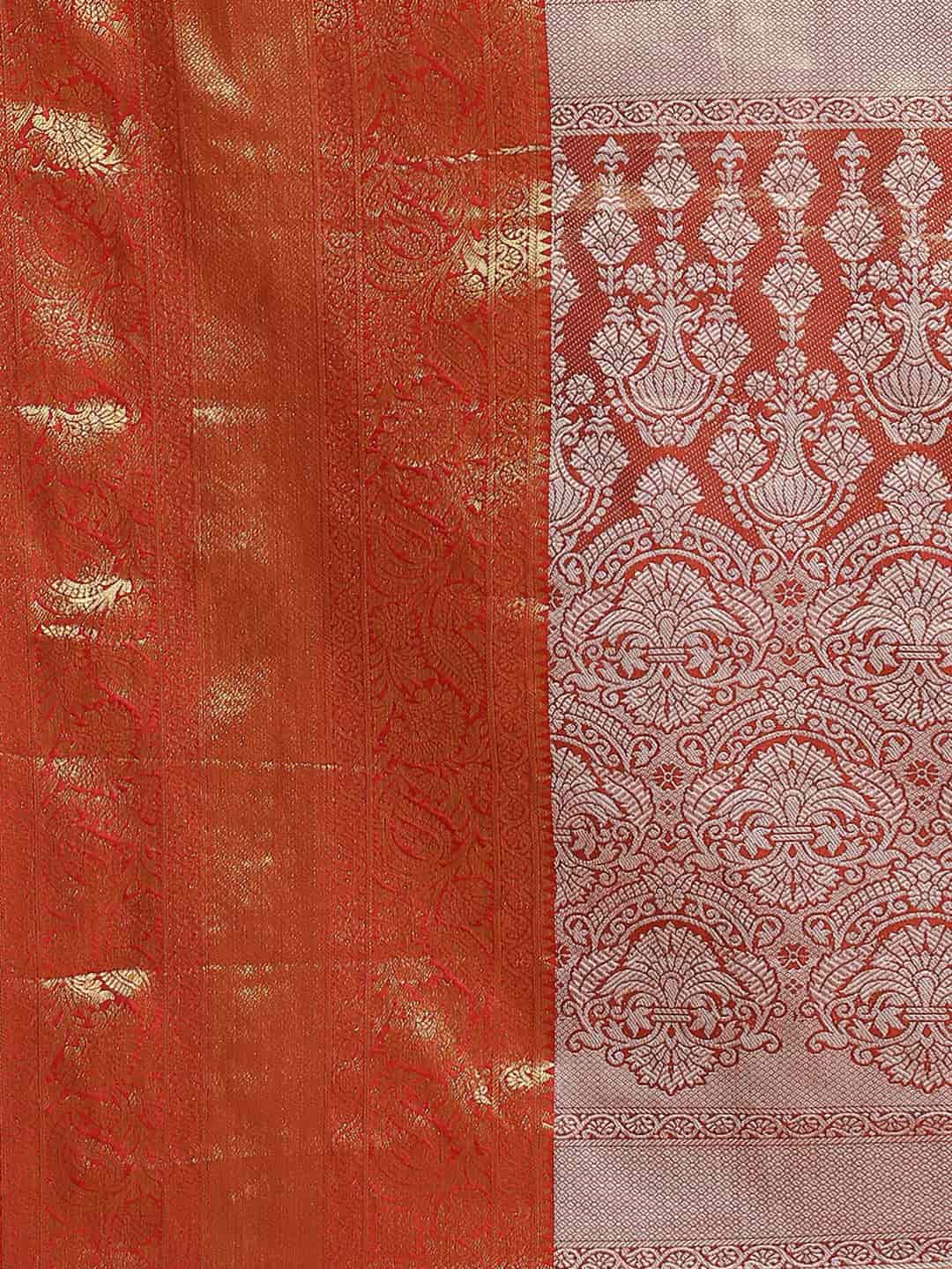Hiral Fashion Orange Banarasi Tissue Silk Floral Zari Woven Saree | Swadesiicart