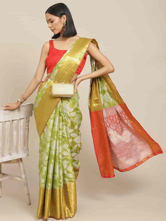 Hiral Fashion Green Banarasi Tissue Silk Floral Zari Woven Saree | Swadesiicart