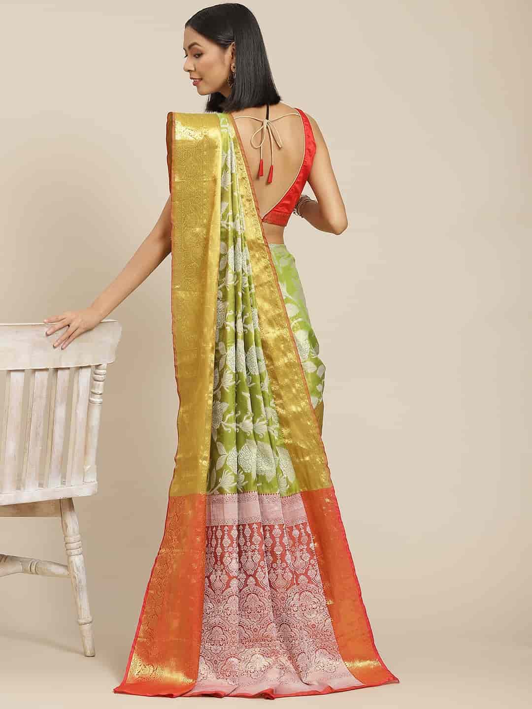 Hiral Fashion Green Banarasi Tissue Silk Floral Zari Woven Saree | Swadesiicart