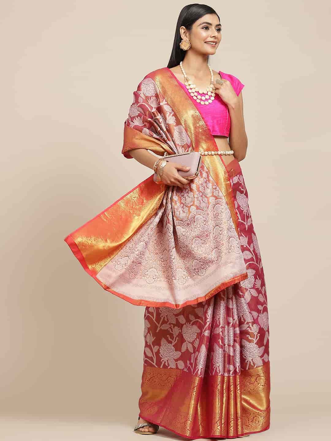 Hiral Fashion Pink Banarasi Tissue Silk Floral Zari Woven Saree | Swadesiicart