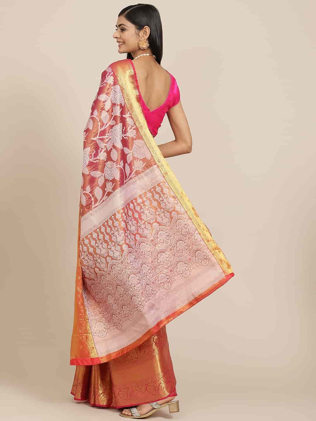 Hiral Fashion Pink Banarasi Tissue Silk Floral Zari Woven Saree | Swadesiicart