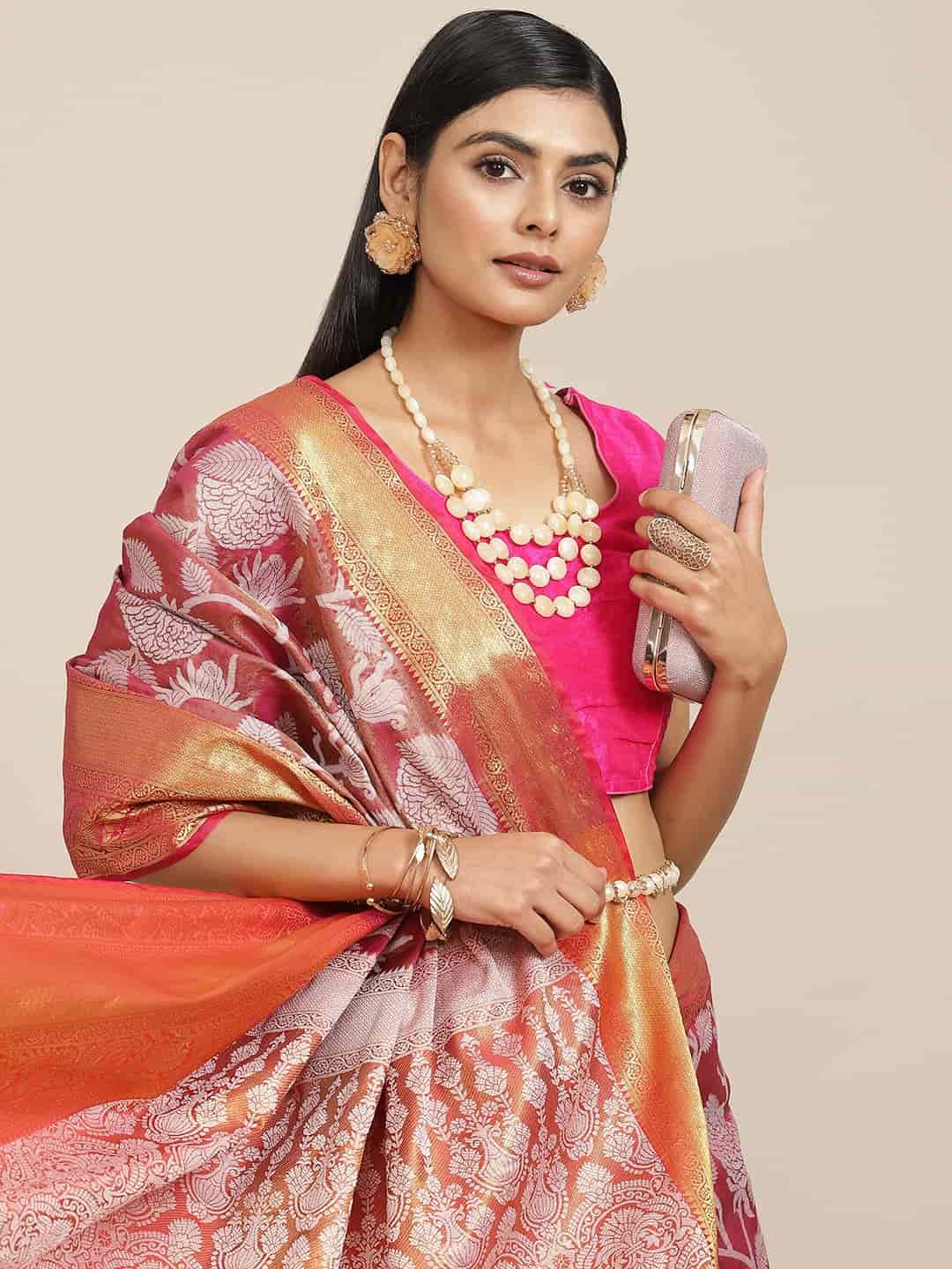 Hiral Fashion Pink Banarasi Tissue Silk Floral Zari Woven Saree | Swadesiicart