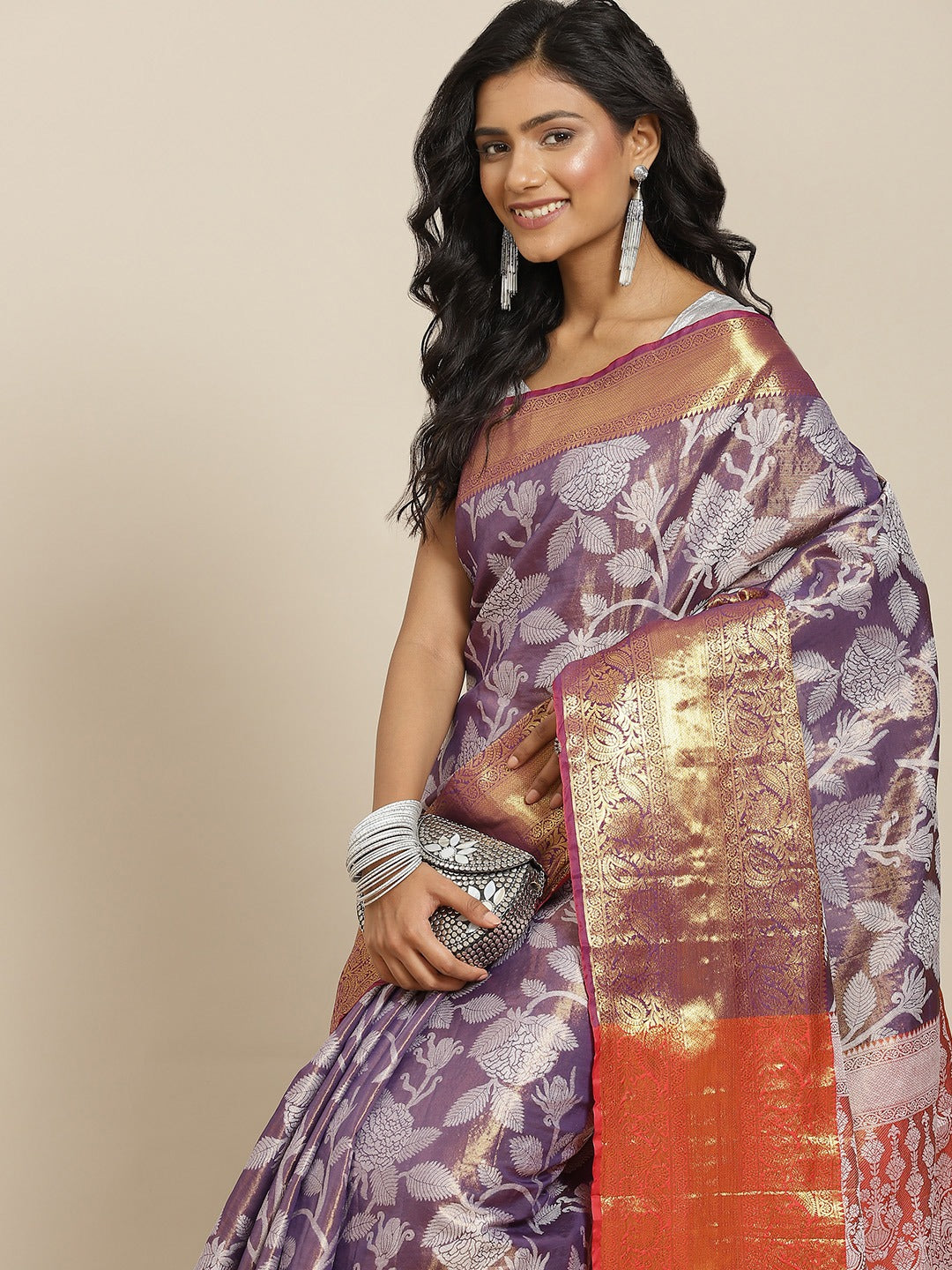 Hiral Fashion Purple Banarasi Tissue Silk Floral Zari Woven Saree | Swadesiicart