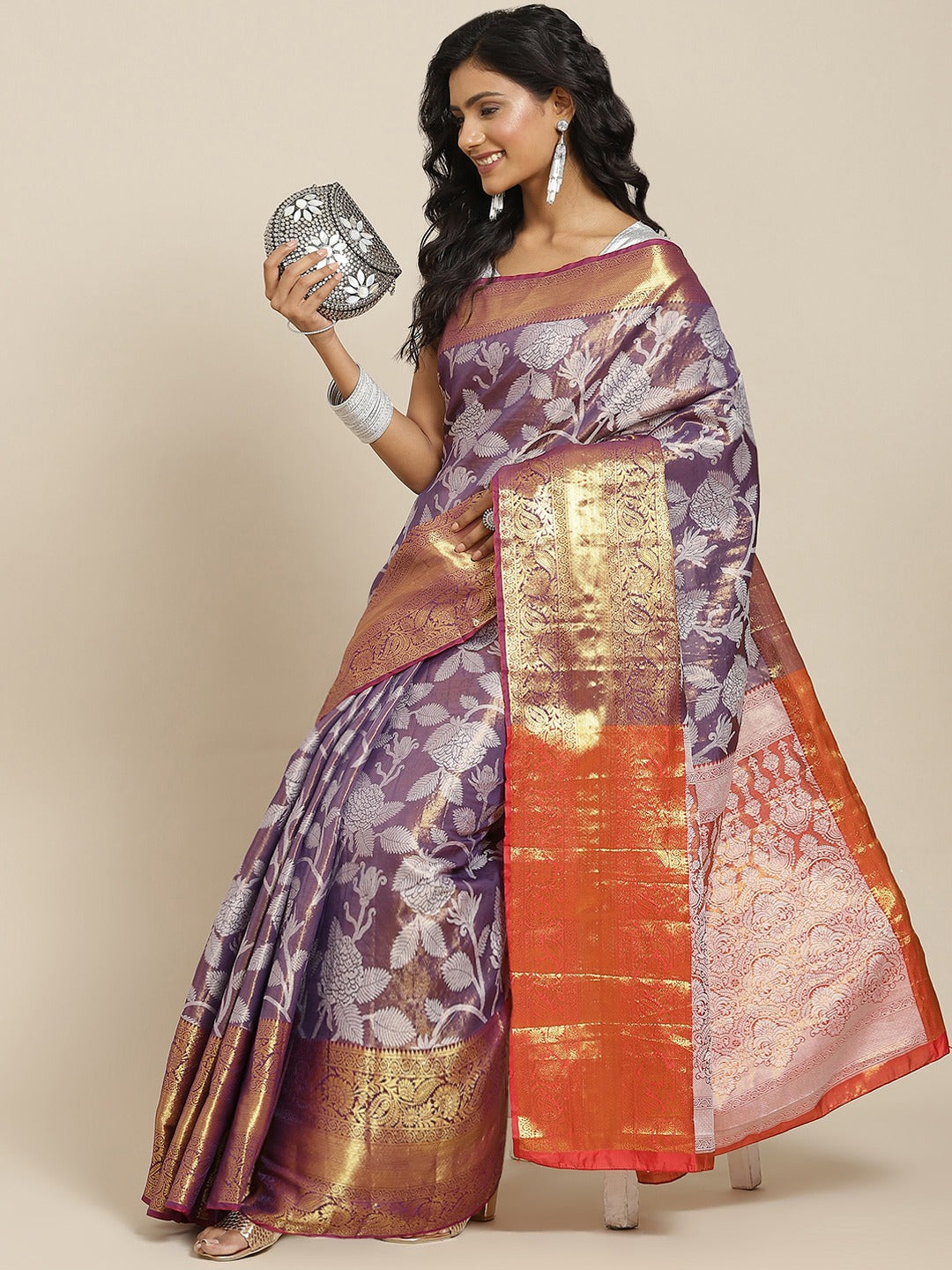 Hiral Fashion Purple Banarasi Tissue Silk Floral Zari Woven Saree | Swadesiicart