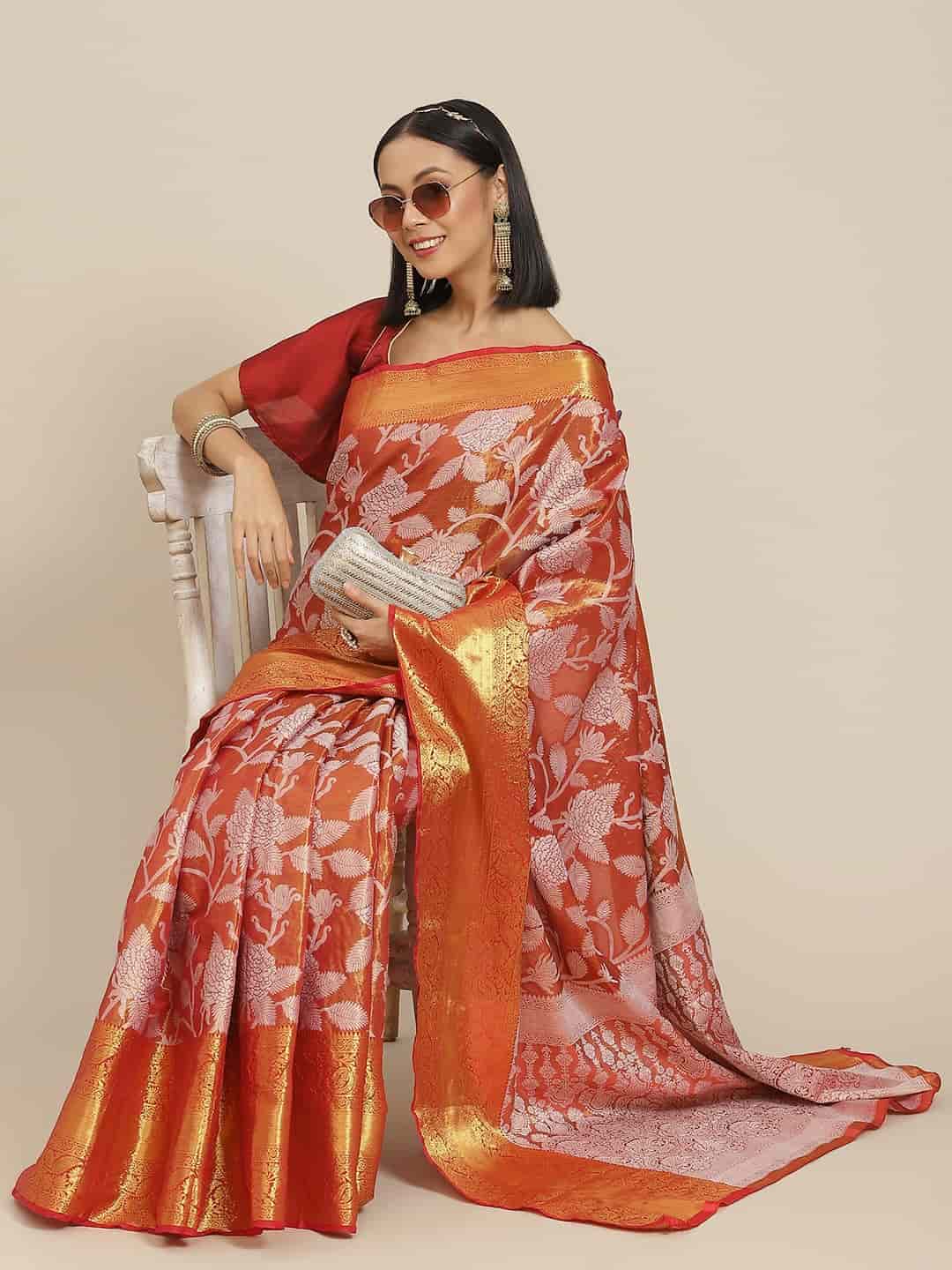 Red Pure Silk Embellished Floral Saree with Unstitched Blouse - Hiral Fashion | Swadesiicart