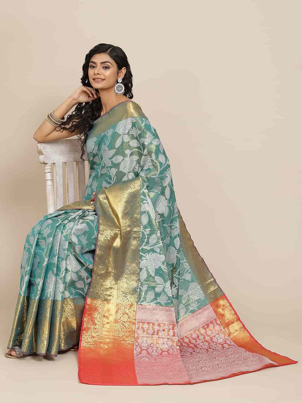 Turquoise Pure Silk Embellished Floral Saree with Unstitched Blouse - Hiral Fashion | Swadesiicart