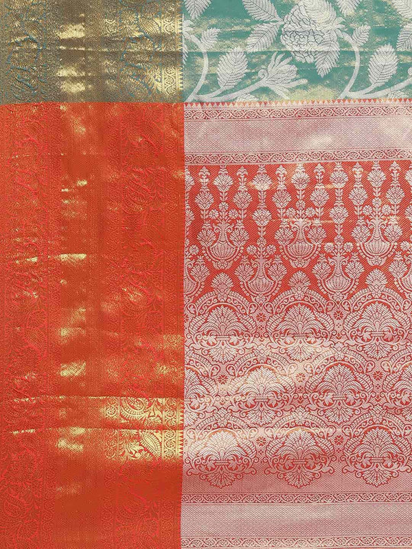 Turquoise Pure Silk Embellished Floral Saree with Unstitched Blouse - Hiral Fashion | Swadesiicart