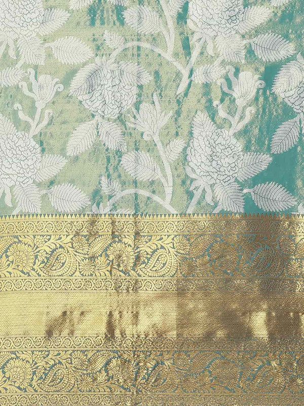 Turquoise Pure Silk Embellished Floral Saree with Unstitched Blouse - Hiral Fashion | Swadesiicart