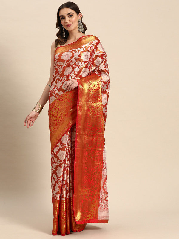 Orange Tissue Silk Woven Zari Design Floral Saree with Unstitched Blouse - Hiral Fashion | Swadesiicart