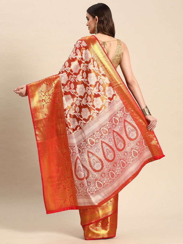 Orange Tissue Silk Woven Zari Design Floral Saree with Unstitched Blouse - Hiral Fashion | Swadesiicart