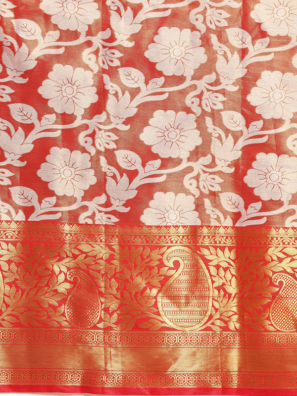 Orange Tissue Silk Woven Zari Design Floral Saree with Unstitched Blouse - Hiral Fashion | Swadesiicart