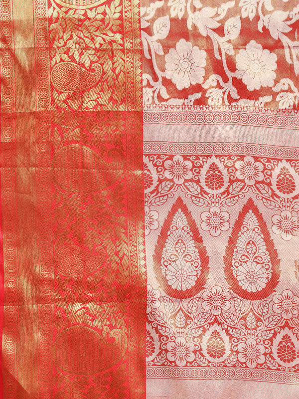 Orange Tissue Silk Woven Zari Design Floral Saree with Unstitched Blouse - Hiral Fashion | Swadesiicart