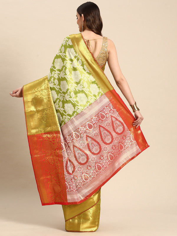 Green Tissue Silk Woven Zari Design Floral Saree with Unstitched Blouse - Hiral Fashion | Swadesiicart