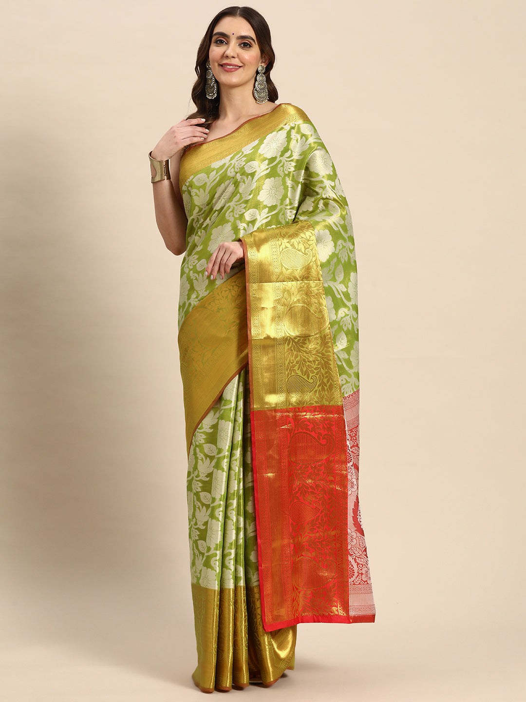 Green Tissue Silk Woven Zari Design Floral Saree with Unstitched Blouse - Hiral Fashion | Swadesiicart