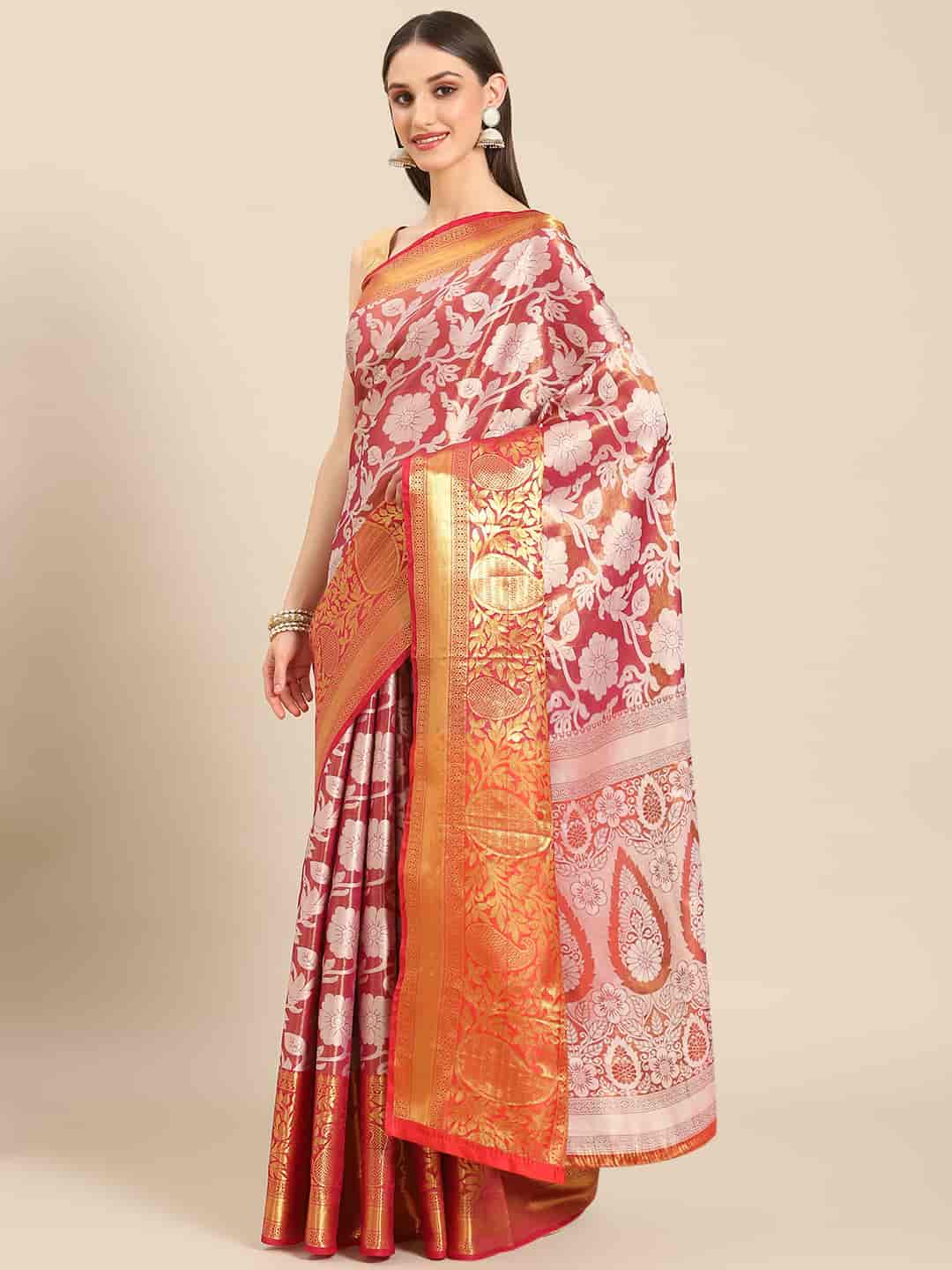 Pink Tissue Silk Woven Zari Design Floral Saree with Unstitched Blouse - Hiral Fashion | Swadesiicart