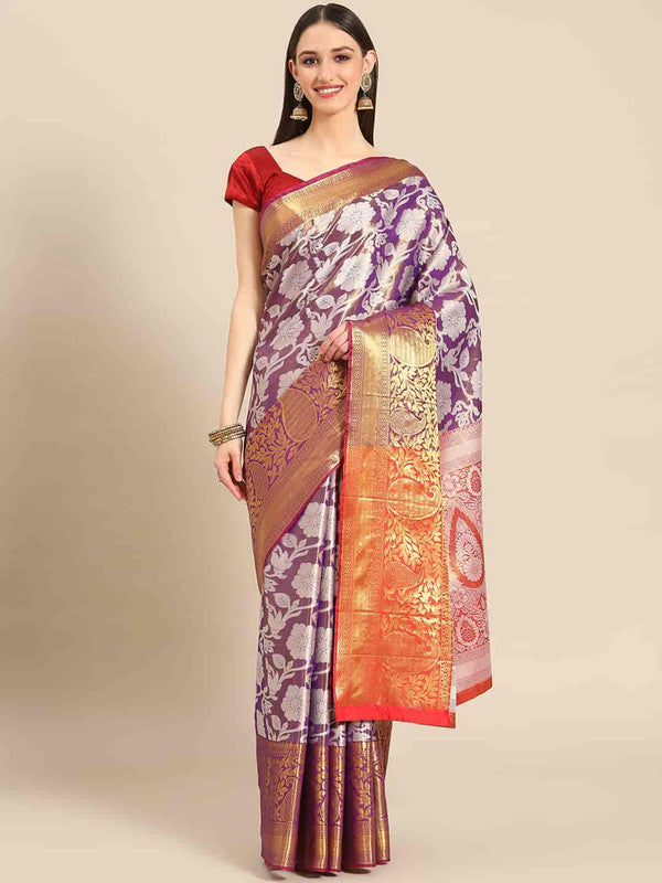 Purple Tissue Silk Woven Zari Design Floral Saree with Unstitched Blouse - Hiral Fashion | Swadesiicart