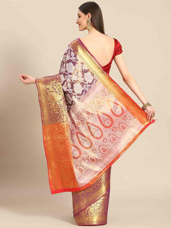 Purple Tissue Silk Woven Zari Design Floral Saree with Unstitched Blouse - Hiral Fashion | Swadesiicart