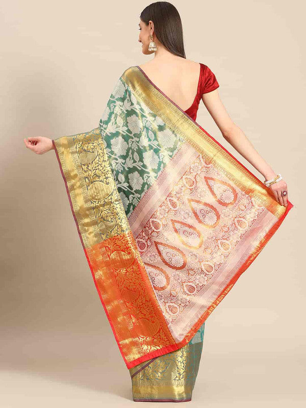 Turquoise Tissue Silk Woven Zari Design Floral Saree with Unstitched Blouse - Hiral Fashion | Swadesiicart