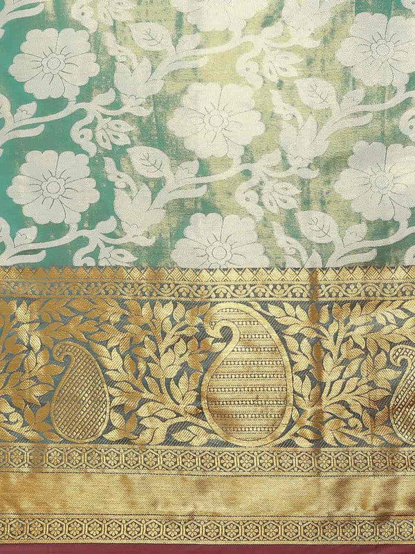Turquoise Tissue Silk Woven Zari Design Floral Saree with Unstitched Blouse - Hiral Fashion | Swadesiicart