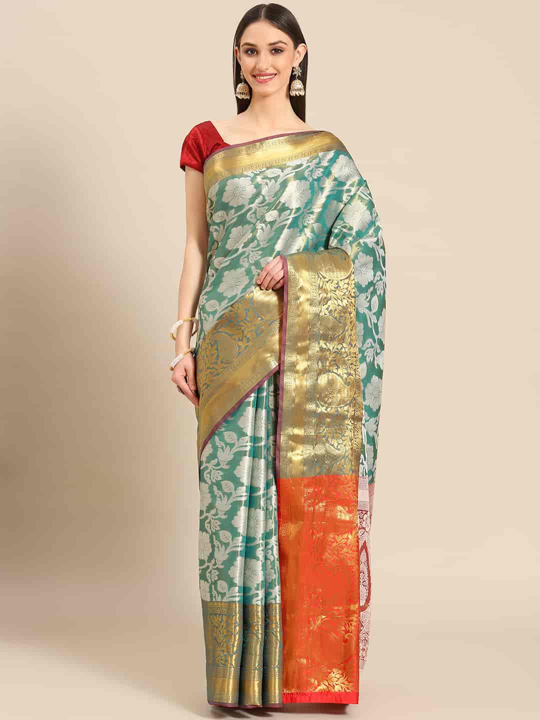 Turquoise Tissue Silk Woven Zari Design Floral Saree with Unstitched Blouse - Hiral Fashion | Swadesiicart