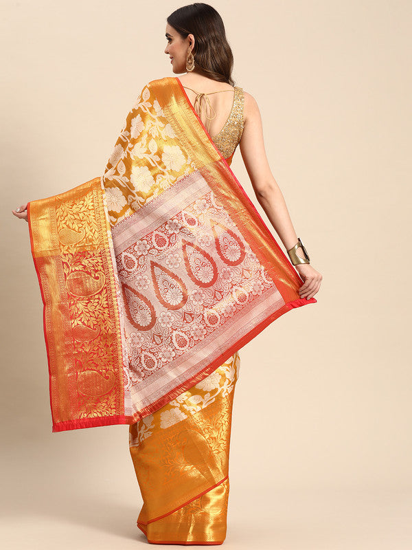 Yellow Tissue Silk Woven Zari Design Floral Saree with Unstitched Blouse - Hiral Fashion | Swadesiicart