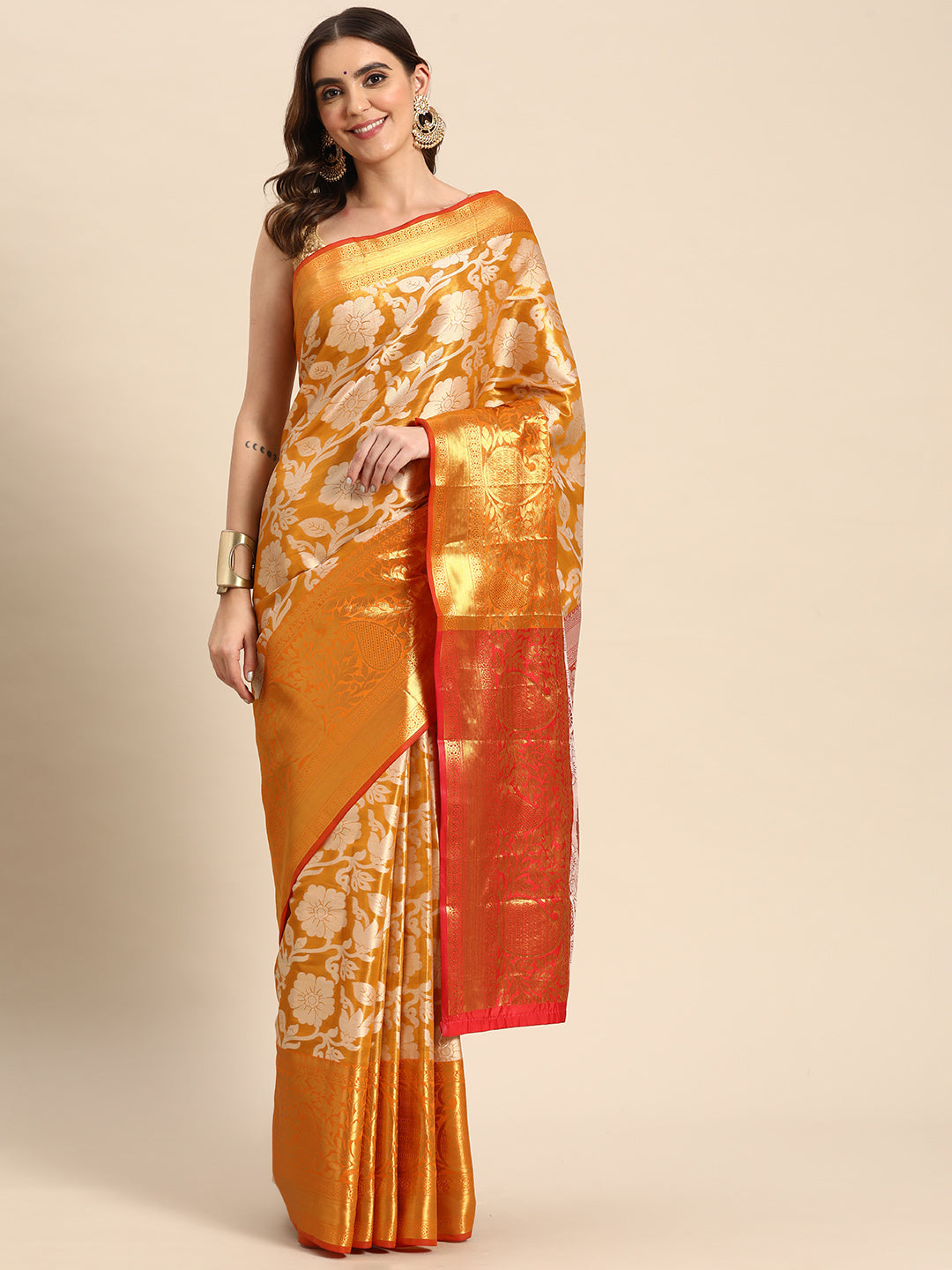 Yellow Tissue Silk Woven Zari Design Floral Saree with Unstitched Blouse - Hiral Fashion | Swadesiicart