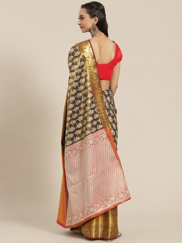 Black Brocade Woven Zari Design Floral Saree with Unstitched Blouse - Hiral Fashion | Swadesiicart