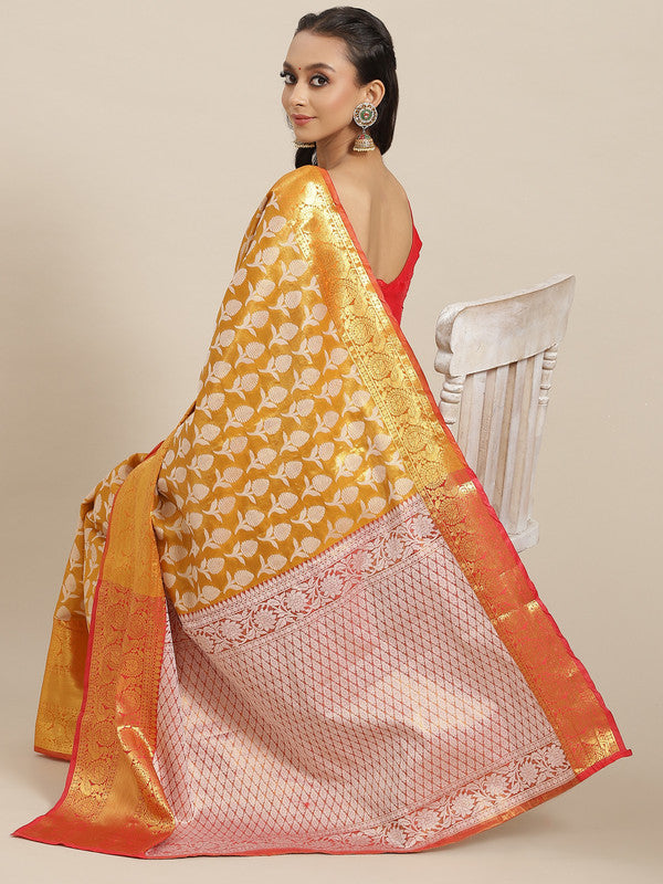 Mustard Brocade Woven Zari Design Floral Saree with Unstitched Blouse - Hiral Fashion | Swadesiicart