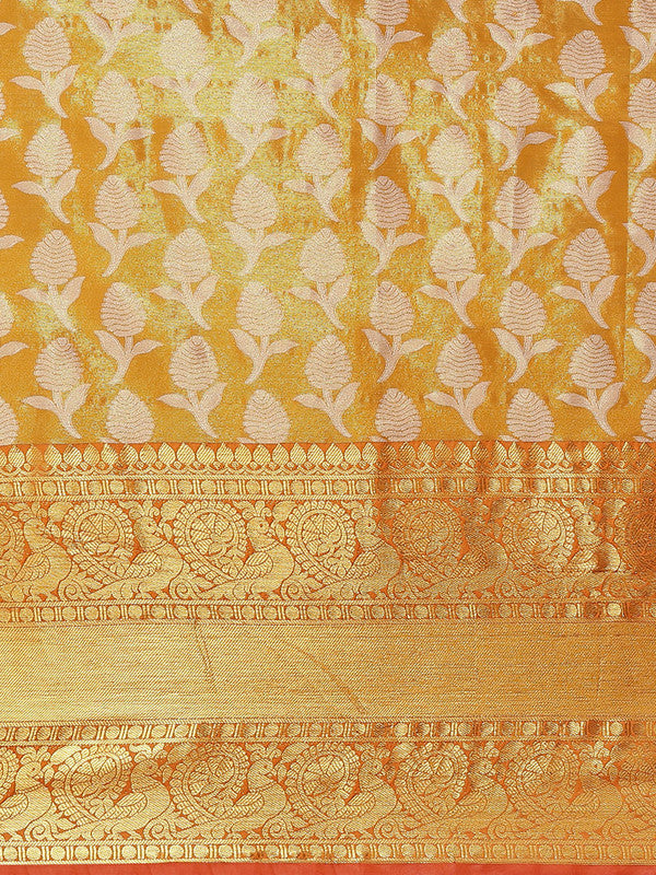 Mustard Brocade Woven Zari Design Floral Saree with Unstitched Blouse - Hiral Fashion | Swadesiicart