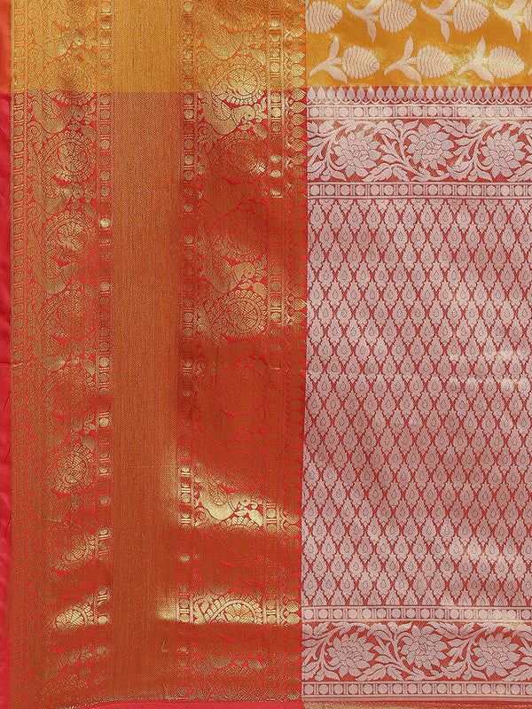 Mustard Brocade Woven Zari Design Floral Saree with Unstitched Blouse - Hiral Fashion | Swadesiicart