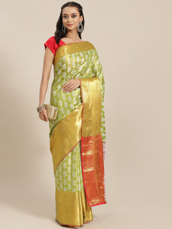 Green Brocade Woven Zari Design Floral Saree with Unstitched Blouse - Hiral Fashion | Swadesiicart