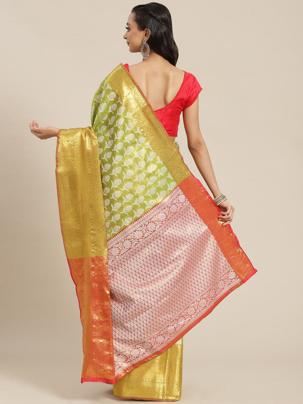 Green Brocade Woven Zari Design Floral Saree with Unstitched Blouse - Hiral Fashion | Swadesiicart
