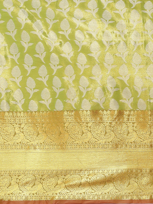 Green Brocade Woven Zari Design Floral Saree with Unstitched Blouse - Hiral Fashion | Swadesiicart